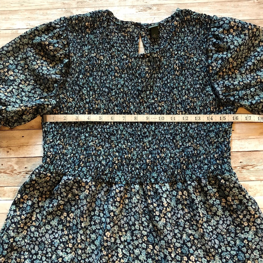 “Wild Fable”, blue floral, smocked bodice, tiered babydoll dress, size M - Picture 13 of 16
